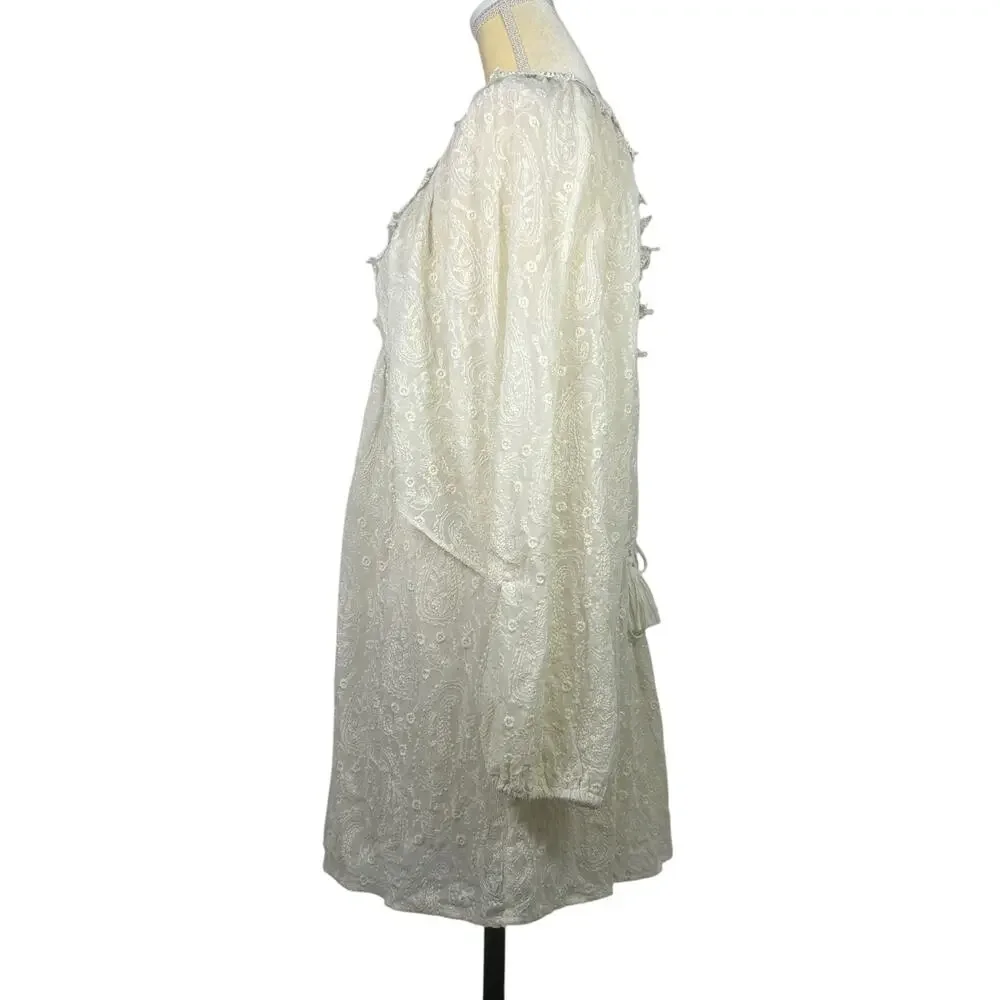 Free People Circle Of Love Embroidered MIni Dress V Neck Lace Up Back Size 12 - Picture 4 of 13